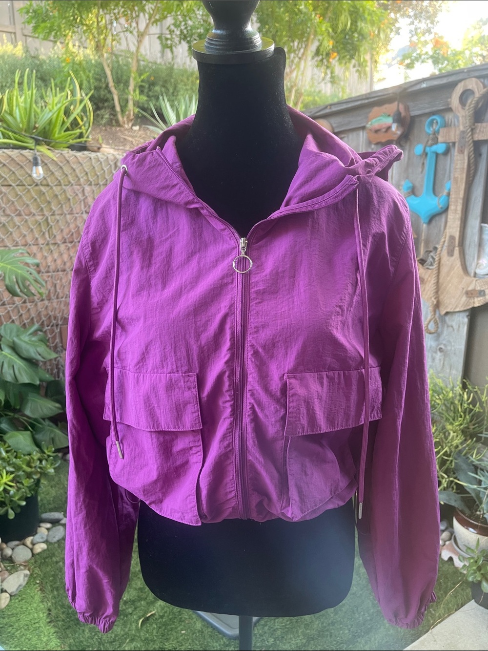 Cropped Hooded Utility Jacket — Purple